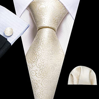 Barry.Wang Flower Ties for Men Handkerchief Cufflinks Set Wedding Necktie Set Party