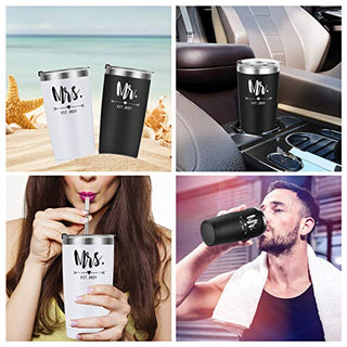 Mr and Mrs Est 2021 Tumbler Set of 2, Stainless Steel Travel Tumbler Idea for Newlyweds Couples Wife Bride To Be Newly Engaged Bridal Shower, 20oz Insulated Tumbler for Wedding Engagement, Black&White