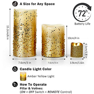 FURORA LIGHTING LED Flameless Candles with Remote – Battery-Operated Flameless Candles Bulk Set of 8 Fake Candles – Small Flameless Candles & Christmas Centerpieces for Tables, Gold Glittery