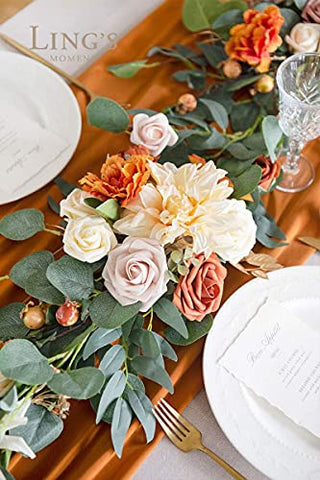 Ling's Moment Eucalyptus Garland with Flowers 6FT，Table Runner with Flowers Terracotta Handcrafted Wedding Centerpieces for Rehearsal Dinner Bridal Shower | Sunset Terracotta
