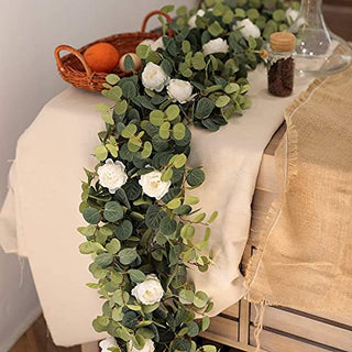MISSPIN 6.9ft Eucalyptus Garland with Flowers -12 Lovely Peonies-Lush, Soft Artificial Eucalyptus and Rose Garland Decor, Floral Garland Greenery Garland for Wedding Table Decor （White,1）