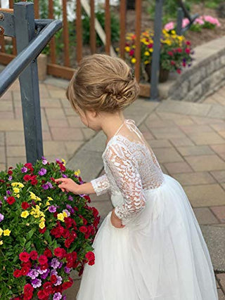 Girl Toddler Full-Length Straight Tulle Tutu Lace Back Party Flower Girl Dress (3-4T, Sleeve-White)