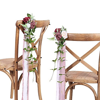 DORIS HOME Wedding Aisle Decorations Mauve Burgundy Pew Flowers Set of 10 for Wedding Ceremony Party Chair Decor with Artificial Flowers Eucalyptus and Ribbons