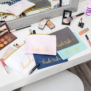 Heather & Willow 8 Piece Set | Bride Tribe Bridesmaid Gifts Bags, Canvas Makeup Bags Cosmetic Clutch & Purse | Bachelorette Party Favors | Bridesmaid Proposal Box for Wedding Bridal Shower - Blush