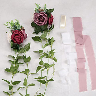 DORIS HOME Wedding Aisle Decorations Mauve Burgundy Pew Flowers Set of 10 for Wedding Ceremony Party Chair Decor with Artificial Flowers Eucalyptus and Ribbons