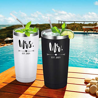 Mr and Mrs Est 2021 Tumbler Set of 2, Stainless Steel Travel Tumbler Idea for Newlyweds Couples Wife Bride To Be Newly Engaged Bridal Shower, 20oz Insulated Tumbler for Wedding Engagement, Black&White