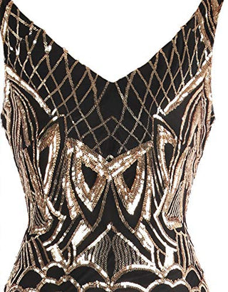 Angel-fashions Women's V Neck Backless Floral Sequin Bodycon Evening Dress XXLarge Gold