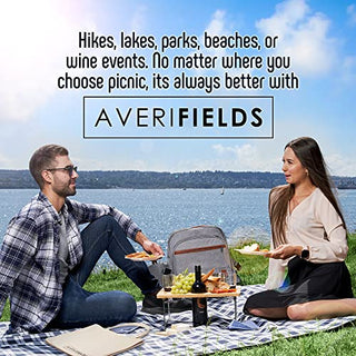 AveriFields Picnic Backpack, Durable Picnic Bag with Premium Cutlery Set for 4 Person, Large Insulated Cooler Compartment, Wine Holder, Waterproof Fleece Blanket, Tote Bag, Portable Wine Table/Tray