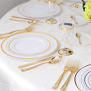 WDF 120 pieces Gold Disposable Plastic Plates - Gold Rim Plates Set of 60, Plastic Plates for Parties, Disposable Gold Party Plates, 10.25" Dinner Plates & 7.5" Salad Plates for Weddings and Holidays