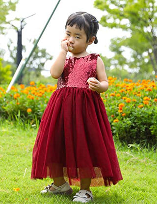 Cilucu Flower Girl Dress Baby Toddlers Sequin Dress Tutu Kids Party Dress Bridesmaid Wedding Gown Birthday Dress Wine Gold Burgundy 4T-5T