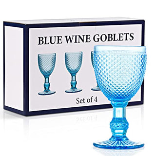 Yungala Blue Wine Glasses set of 4 blue goblets- bright aqua wine glasses- dishwasher safe, blue glassware for pop of color