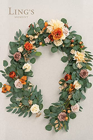 Ling's Moment Eucalyptus Garland with Flowers 6FT，Table Runner with Flowers Terracotta Handcrafted Wedding Centerpieces for Rehearsal Dinner Bridal Shower | Sunset Terracotta
