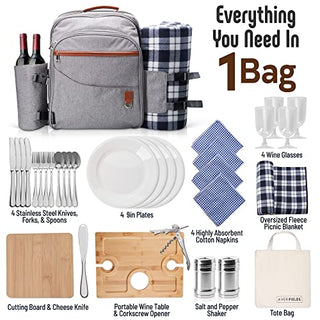 AveriFields Picnic Backpack, Durable Picnic Bag with Premium Cutlery Set for 4 Person, Large Insulated Cooler Compartment, Wine Holder, Waterproof Fleece Blanket, Tote Bag, Portable Wine Table/Tray