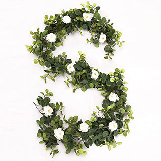 MISSPIN 6.9ft Eucalyptus Garland with Flowers -12 Lovely Peonies-Lush, Soft Artificial Eucalyptus and Rose Garland Decor, Floral Garland Greenery Garland for Wedding Table Decor （White,1）
