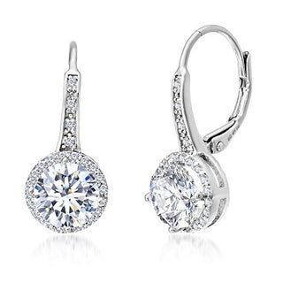 MIA SARINE Women's Earrings - 925 Sterling Silver Brilliant Cut Crystal Halo Leverback Dangle Bridal Earrings, White