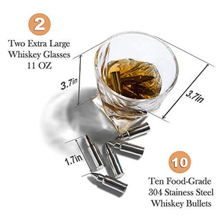 Whiskey Bullet Shaped Stones Gift Set for Men - 10 Bullets Chilling Stainless-Steel Whiskey Rocks - 11oz 2 Large Twisted Whiskey Glasses, Slate Coasters, Tongs - Premium Set in Pine Wood Box