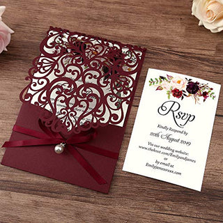 DreamBuilt 5X7.2 Inch 50PCS Blank Laser Cut Burgundy Wedding Invitations With Rsvp Cards And Envelopes And Ribbon Belly Band Pearl Embellishments Wedding Invitation Cards For Wedding Invite