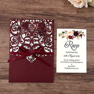 DreamBuilt 5X7.2 Inch 50PCS Blank Laser Cut Burgundy Wedding Invitations With Rsvp Cards And Envelopes And Ribbon Belly Band Pearl Embellishments Wedding Invitation Cards For Wedding Invite
