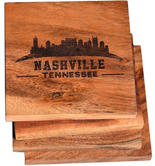 Nashville Coasters, Nashville Skyline Drink Coasters – Nashville Gifts & Souvenirs, Engraved Acacia Wood Coasters with Nashville Skyline Design – Nashville Themed Gifts, Tennessee Gifts (Set of 4)