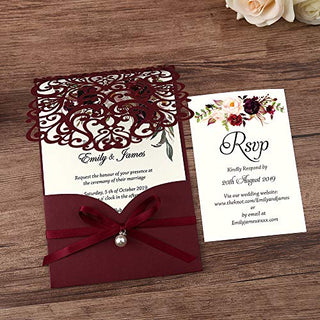 DreamBuilt 5X7.2 Inch 50PCS Blank Laser Cut Burgundy Wedding Invitations With Rsvp Cards And Envelopes And Ribbon Belly Band Pearl Embellishments Wedding Invitation Cards For Wedding Invite