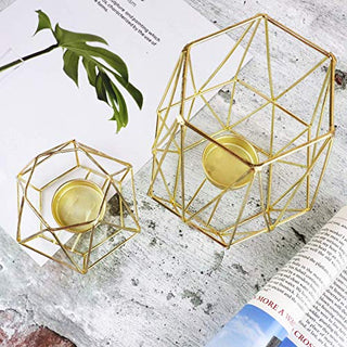 Geometric Gold Tealight Holder for Table Decor Large and Small Metal Hexagon Votive Candle Centrepiece for Shelf Decor Set of 2