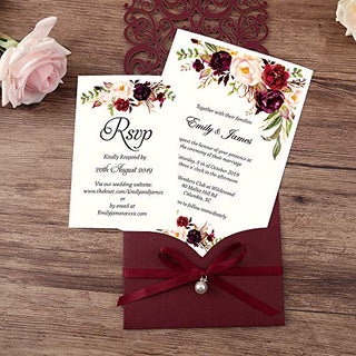 DreamBuilt 5X7.2 Inch 50PCS Blank Laser Cut Burgundy Wedding Invitations With Rsvp Cards And Envelopes And Ribbon Belly Band Pearl Embellishments Wedding Invitation Cards For Wedding Invite