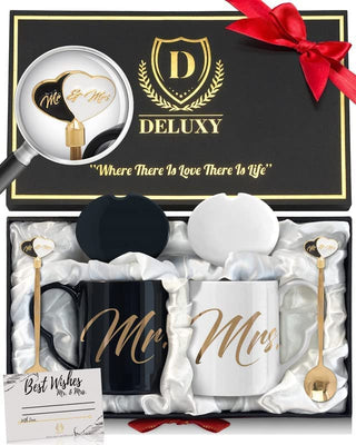 DELUXY Mr and Mrs Coffee Mugs Set - Gifts for Couple, Cool Bridal Shower Gifts For Bride, Wedding Gifts For Couple 2022, Mr and Mrs Gifts, Newlywed Gift, Bride and Groom, Anniversary