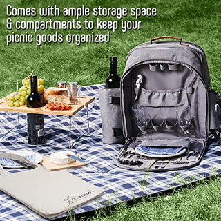 AveriFields Picnic Backpack, Durable Picnic Bag with Premium Cutlery Set for 4 Person, Large Insulated Cooler Compartment, Wine Holder, Waterproof Fleece Blanket, Tote Bag, Portable Wine Table/Tray