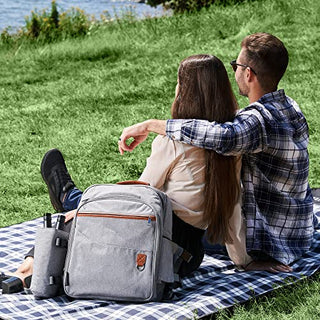 AveriFields Picnic Backpack, Durable Picnic Bag with Premium Cutlery Set for 4 Person, Large Insulated Cooler Compartment, Wine Holder, Waterproof Fleece Blanket, Tote Bag, Portable Wine Table/Tray