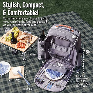 AveriFields Picnic Backpack, Durable Picnic Bag with Premium Cutlery Set for 4 Person, Large Insulated Cooler Compartment, Wine Holder, Waterproof Fleece Blanket, Tote Bag, Portable Wine Table/Tray