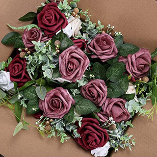 DORIS HOME Wedding Aisle Decorations Mauve Burgundy Pew Flowers Set of 10 for Wedding Ceremony Party Chair Decor with Artificial Flowers Eucalyptus and Ribbons